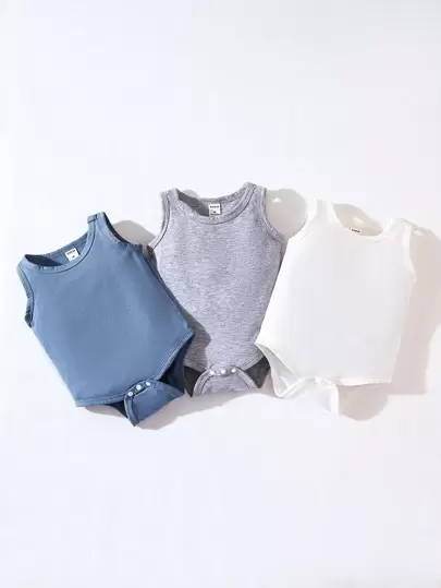 Baby Boy 3pcs Summer Casual Solid Color Sleeveless Bodysuit