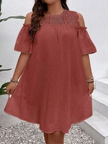SHEIN Clasi Đầm Plus Size Tương phản ren viền lá sen màu trơn Giải trí - Gỗ đỏ - Xem 1