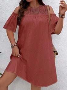 SHEIN Clasi Đầm Plus Size Tương phản ren viền lá sen màu trơn Giải trí - Gỗ đỏ - Xem 3