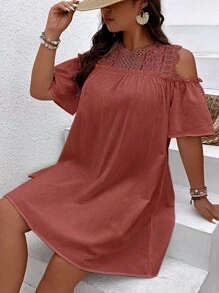 SHEIN Clasi Đầm Plus Size Tương phản ren viền lá sen màu trơn Giải trí - Gỗ đỏ - Xem 4