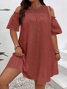 SHEIN Clasi Đầm Plus Size Tương phản ren viền lá sen màu trơn Giải trí - Gỗ đỏ - Xem 5