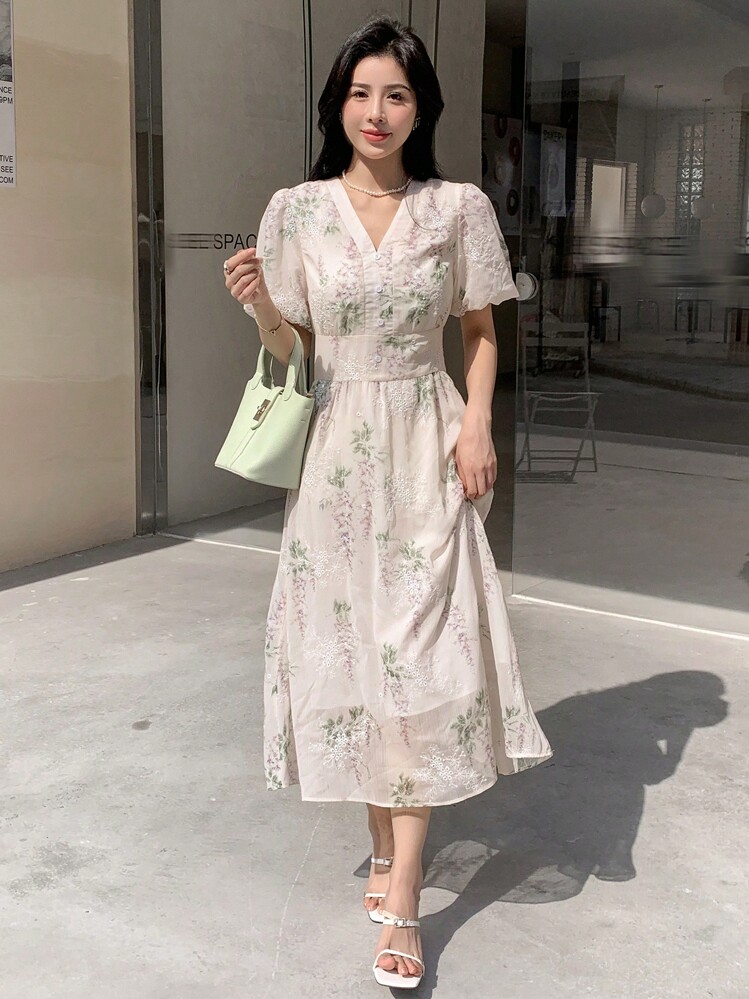 DAZY Floral Print Puff Sleeve Ruffle Hem Dress - Apricot - View 8