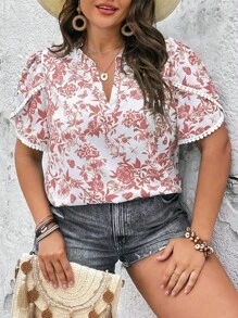 SHEIN Holidaya 大碼印花花瓣袖襯衫 - 藕粉色 - 查看 1