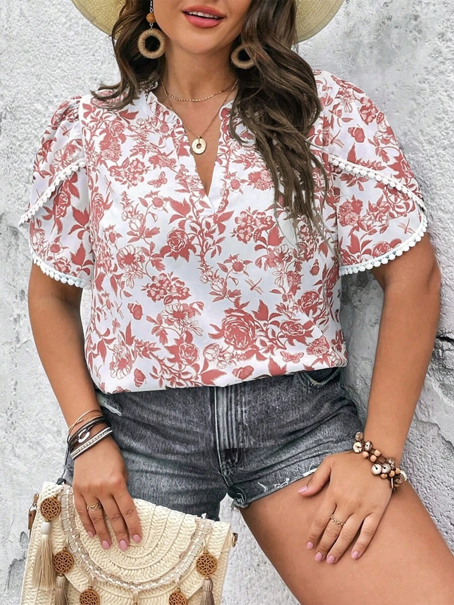 SHEIN Holidaya 大碼印花花瓣袖襯衫 - 藕粉色 - 查看 1