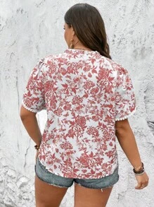 SHEIN Holidaya 大碼印花花瓣袖襯衫 - 藕粉色 - 查看 2