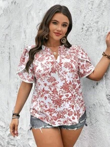 SHEIN Holidaya 大碼印花花瓣袖襯衫 - 藕粉色 - 查看 5