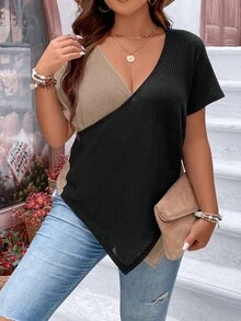 SHEIN LUNE 大碼雙色不對稱下擺華夫格編織T恤 - 彩色 - 查看 6