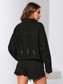 SHEIN Essnce 翻蓋口袋毛邊牛仔夾克 - 黑色 - 查看 2