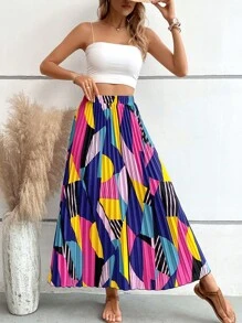 Breezaya Gonna lunga plissettata con stampa geometrica, outfit da spiaggia e vacanza per le donne - Blu - Visualizzare 4