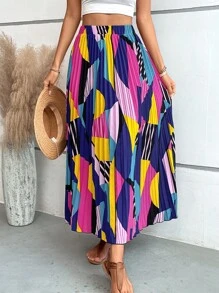 Breezaya Gonna lunga plissettata con stampa geometrica, outfit da spiaggia e vacanza per le donne - Blu - Visualizzare 5