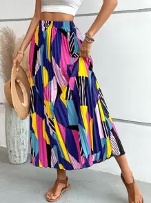 Breezaya Gonna lunga plissettata con stampa geometrica, outfit da spiaggia e vacanza per le donne - Blu - Visualizzare 6