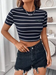 SHEIN Unity Áo thun nữ Lá thư Sọc Giải trí - Màu xanh hải quân - Xem 4