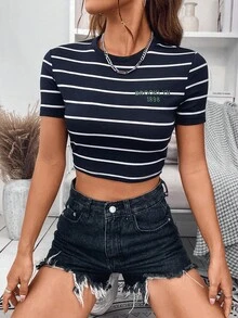 SHEIN Unity Áo thun nữ Lá thư Sọc Giải trí - Màu xanh hải quân - Xem 5