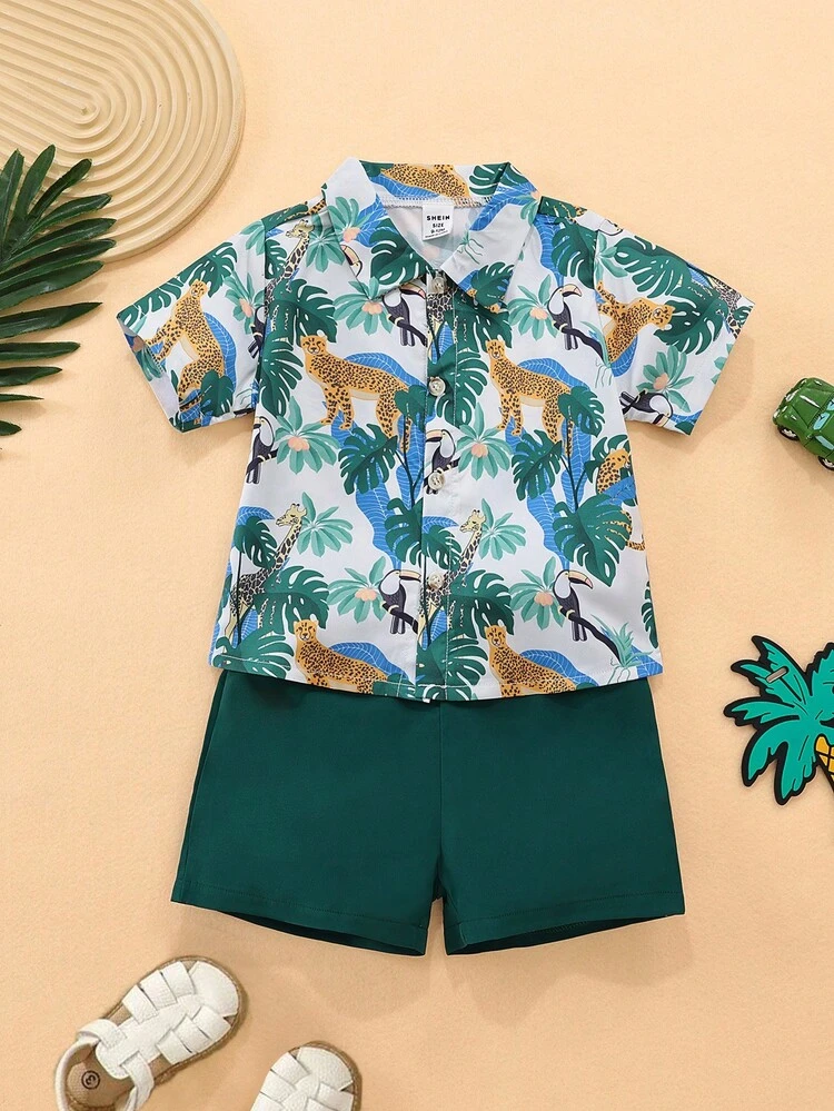 Baby Boy 2pcs Baby & Toddler Vacation Tropical Plants & Animals Print Short Sleeve Shirt And Shorts Summer Outfits