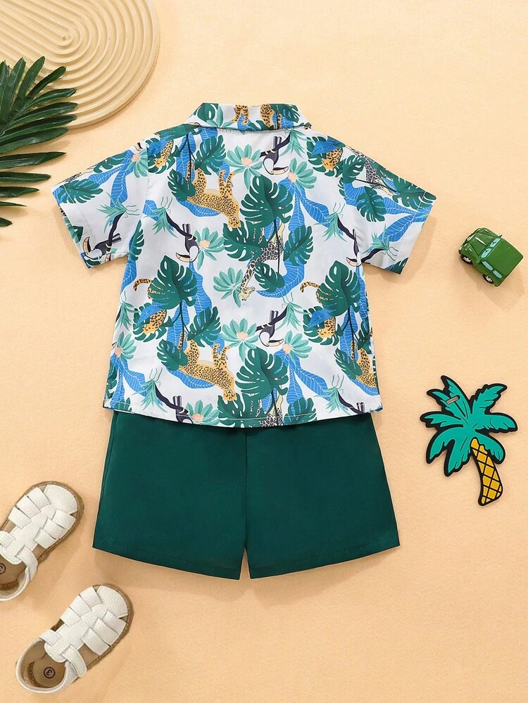 Baby Boy 2pcs Baby & Toddler Vacation Tropical Plants & Animals Print Short Sleeve Shirt And Shorts Summer Outfits