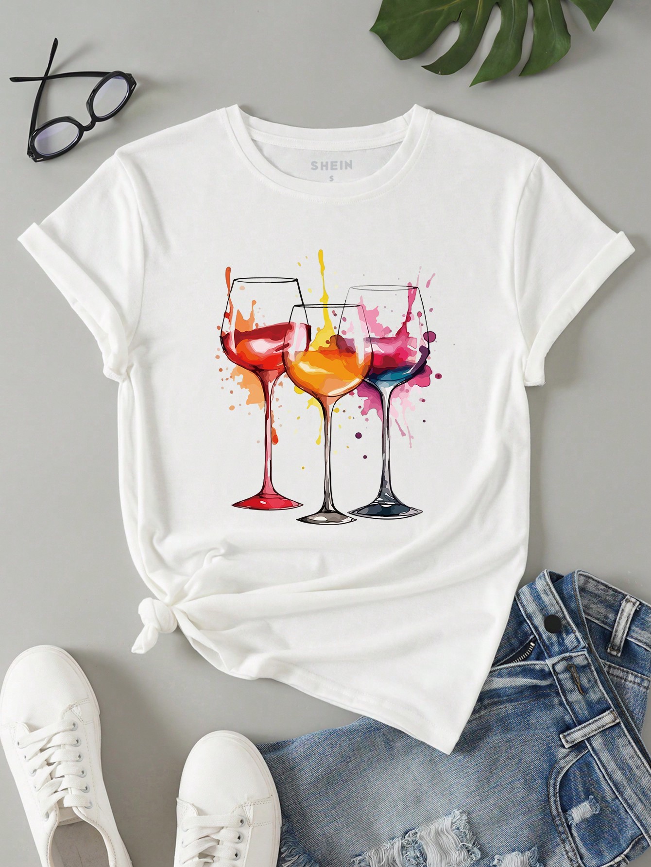 SHEIN Essnce Wine Glass Print Tee sz2306021551373050