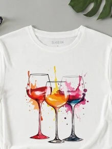 INAWLY 酒杯印花 T 恤，图案女式 T 恤图案 T 恤女式上衣 - 白色 - 查看 5