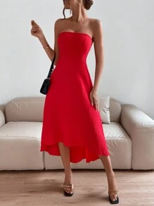 SHEIN Holidaya Solid Tube Dress - Red - View 3
