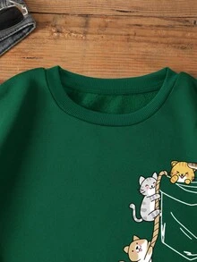 SHEIN EZwear 卡通圖案加絨內裏運動衫 - 墨綠色 - 查看 5