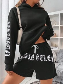 SHEIN Unity 字母圖案落肩袖連帽衫&腰部抽繩短褲 - 黑色 - 查看 1