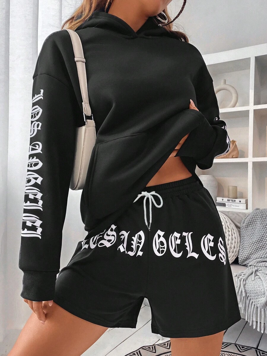SHEIN Unity 字母圖案落肩袖連帽衫&腰部抽繩短褲 - 黑色 - 查看 1