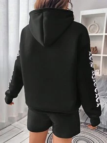 SHEIN Unity 字母圖案落肩袖連帽衫&腰部抽繩短褲 - 黑色 - 查看 2