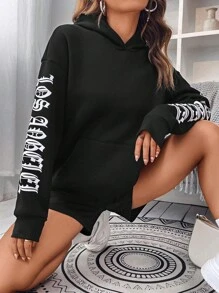 SHEIN Unity 字母圖案落肩袖連帽衫&腰部抽繩短褲 - 黑色 - 查看 4