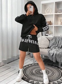 SHEIN Unity 字母圖案落肩袖連帽衫&腰部抽繩短褲 - 黑色 - 查看 6