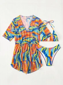 滿版印花掛脖三角杯比基尼泳裝附罩衫