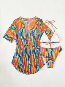 滿版印花掛脖三角杯比基尼泳裝附罩衫