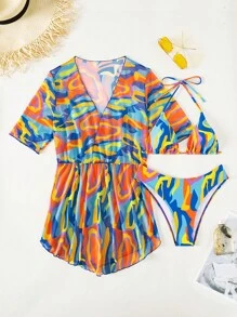 滿版印花掛脖三角杯比基尼泳裝附罩衫