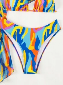 滿版印花掛脖三角杯比基尼泳裝附罩衫