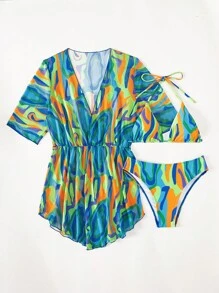 Allover Print Halter Triangle Bikini Set For Summer Beach With Kimono - Multicolor - View 6