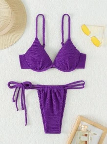 Solid Underwire Tie Side Bikini Set For Summer Beach - Purple - View 7