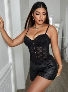 加码系带后背纽扣蕾丝束身衣休闲黑色夏季 - 黑色 - 查看 5