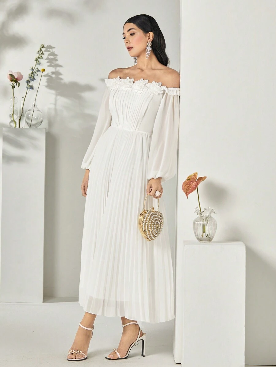 Modelyn Off Shoulder Appliques Detail Pleated Hem Dress