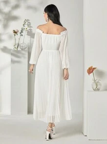 Modelyn Off Shoulder Appliques Detail Pleated Hem Dress