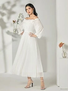 Modelyn Off Shoulder Appliques Detail Pleated Hem Dress