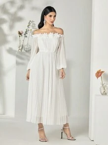 Modelyn Off Shoulder Appliques Detail Pleated Hem Dress