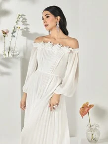 Modelyn Off Shoulder Appliques Detail Pleated Hem Dress