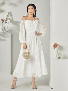 Modelyn Off Shoulder Appliques Detail Pleated Hem Dress