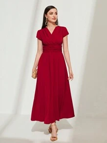 Modelyn Solid Ruched Front A-line Dress - Red - View 1