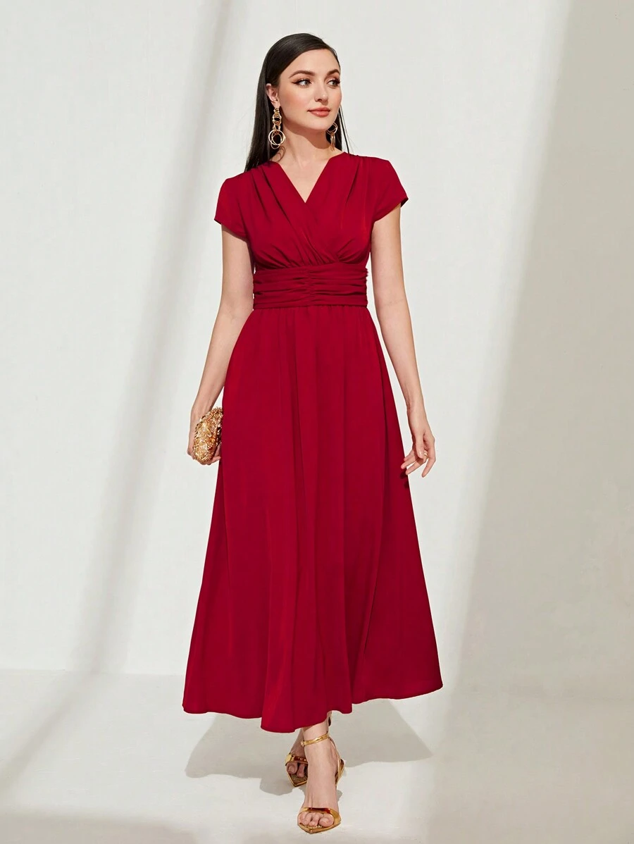 Modelyn Solid Ruched Front A-line Dress - Red - View 1
