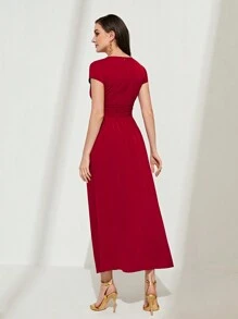 Modelyn Solid Ruched Front A-line Dress - Red - View 2