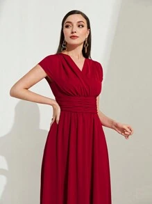 Modelyn Solid Ruched Front A-line Dress - Red - View 3