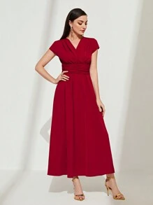 Modelyn Solid Ruched Front A-line Dress - Red - View 5