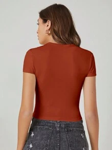SHEIN BASICS Áo thun nữ màu trơn Giải trí - Rỉ Nâu - Xem 3