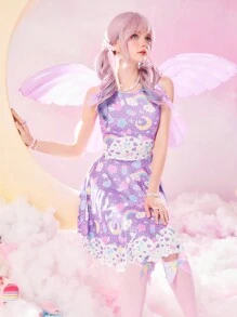 ROMWE Kawaii Cartoon Graphic Dress - Purple - View 6