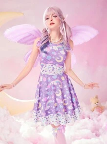 ROMWE Kawaii Cartoon Graphic Dress - Purple - View 7