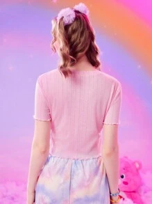 ROMWE X Care Bears 卡通圖案木耳邊T恤 - 粉色 - 查看 2